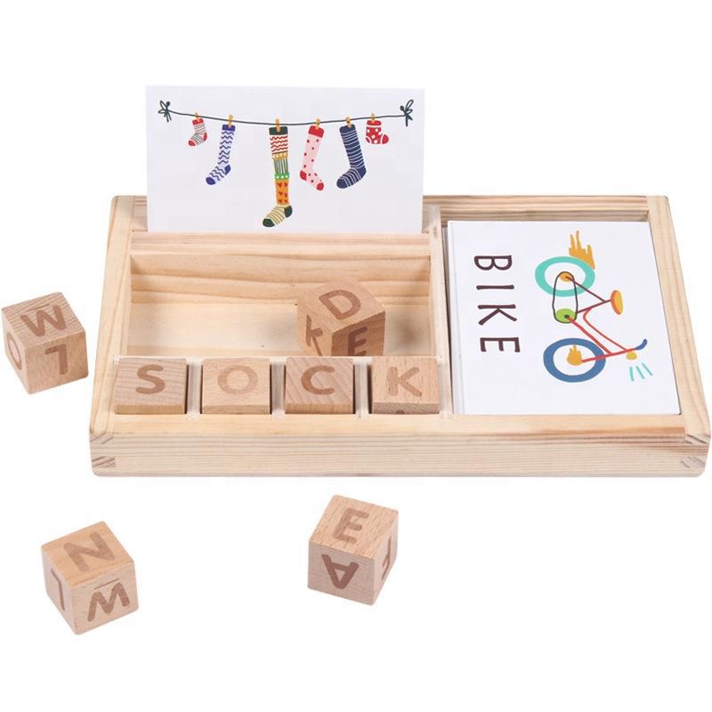 Wholesale Unisex English Alphabet Learning Building Block Puzzle Spelling Word Game Wooden Toy Box for Baby Children Cardboard