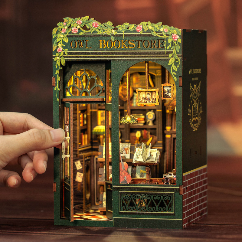 DIY Book Nook Kit Miniature Dollhouse with Light Wooden Bookshelf Insert Retro Booknook Decor for Gifts Bookshop Series