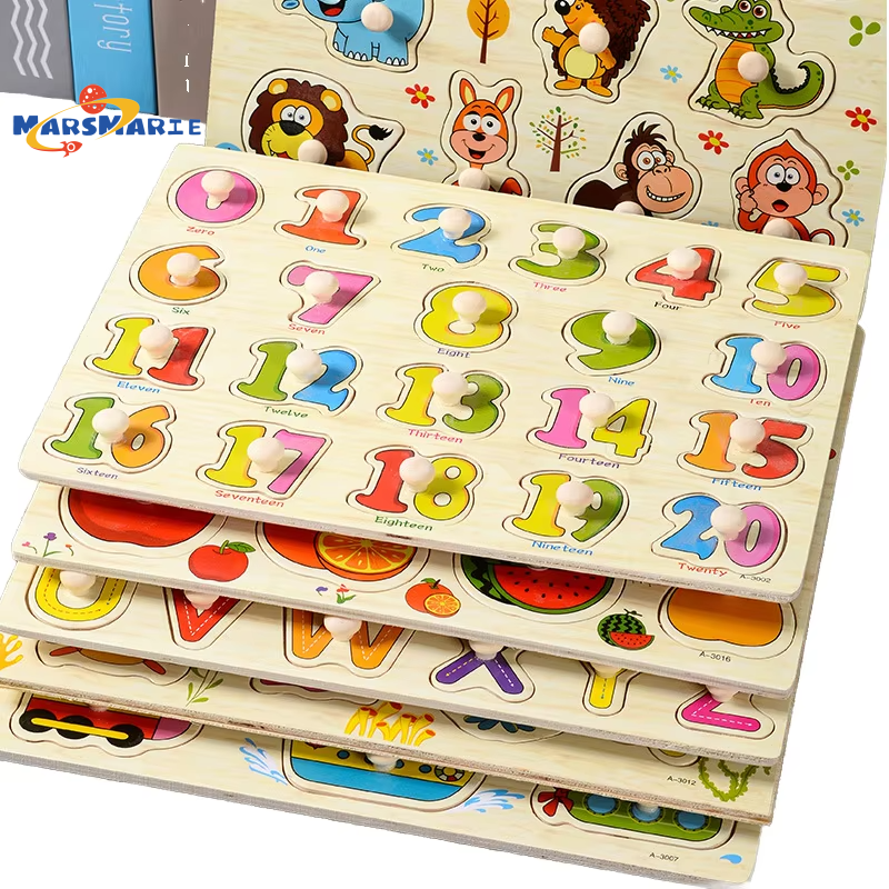 Mushroom Nail Handheld Puzzle Board Montessori Early Education Wooden Toy Alphabet Number Fruit Shape Recognition Puzzle Board