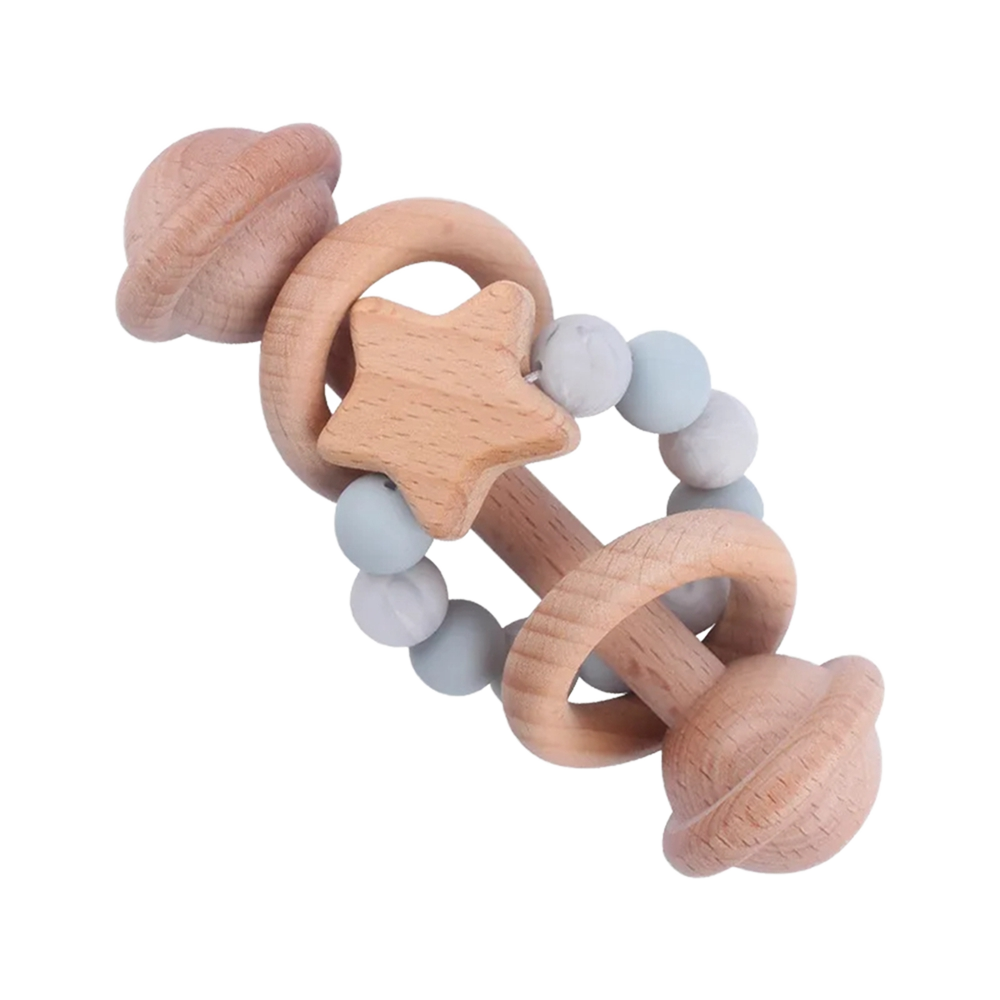 New Baby Rattle Sensory Beech Wood Pacifier Clip Round Shape Teether Toy Set Soothing Silicone Bead BPA Free Soft Toy