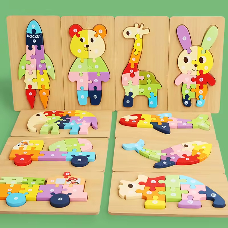 3D Wooden Diy Jigsaw Puzzle New Product Montessori Wooden Baby Cartoon Educational Board Game Toys for Kids Toddlers Boys Girls