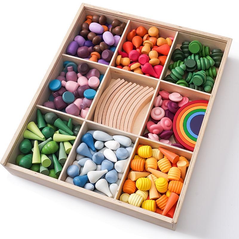 New Eco-friendly Wooden Educational Children's Open Creative Animals Nature Theme Small Cute Construction rainbow Building Block