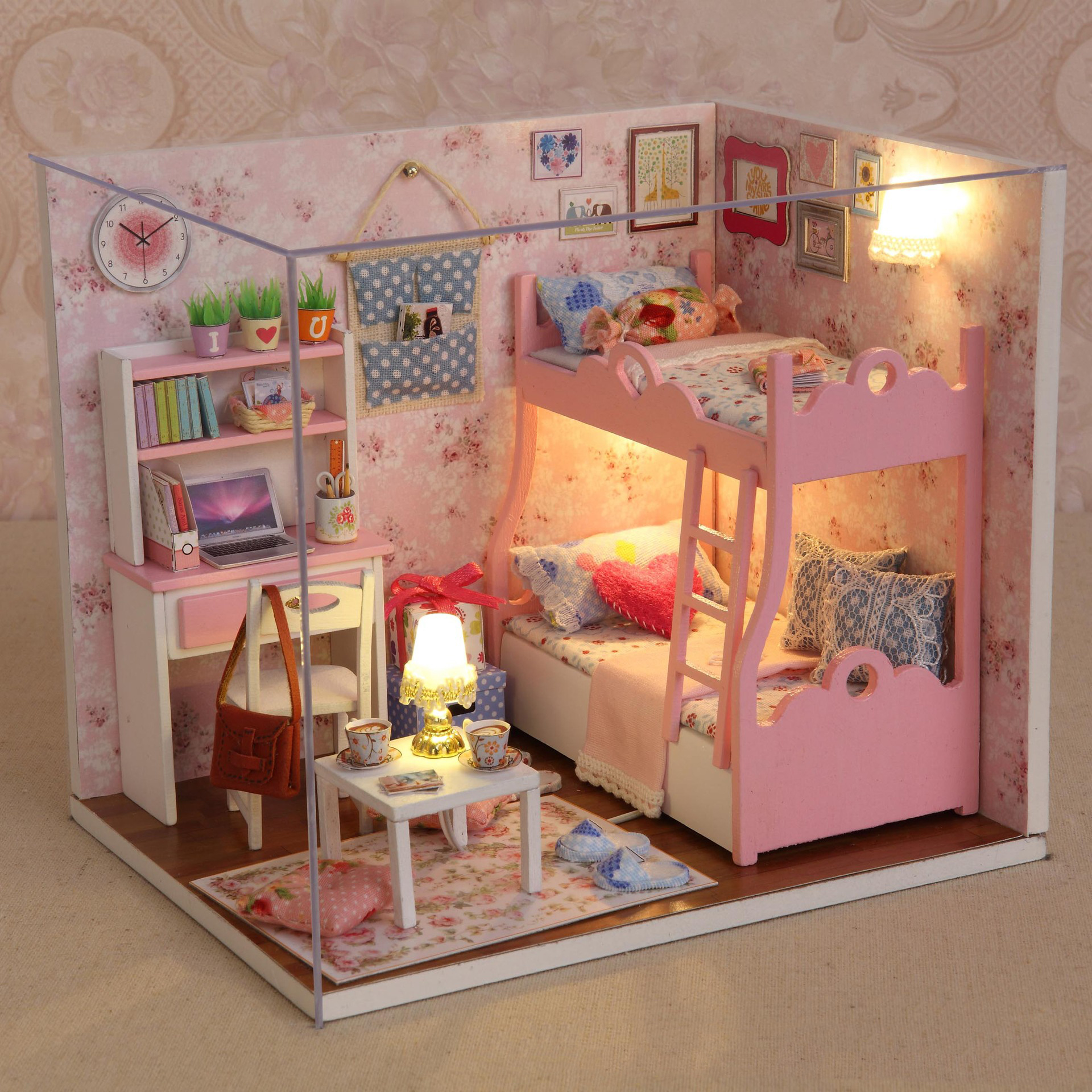 Handmade Mini House with Furniture Light Toys Set DIY Wooden Room Small Doll's House Models Miniature Building Block Kit