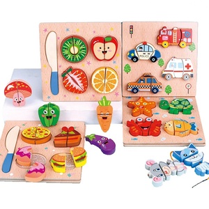6 Styles Wooden 3D Puzzle Blocks String Early Educational Threading Pretended Puzzle Fruit Cutting Wooden Toys