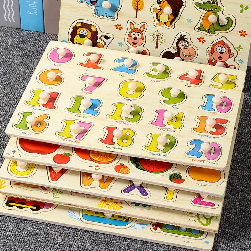 Mushroom Nail Handheld Puzzle Board Montessori Early Education Wooden Toy Alphabet Number Fruit Shape Recognition Puzzle Board