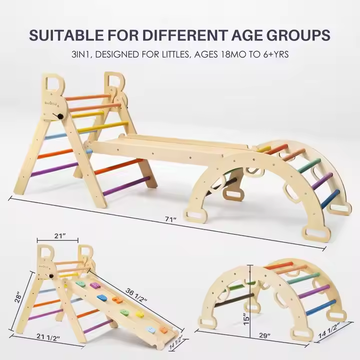 Montessori Inspired Children's Wooden Climbing Frame Rainbow PE Steel Pickler Triangle Set For Toddlers Gym Kindergarten Play