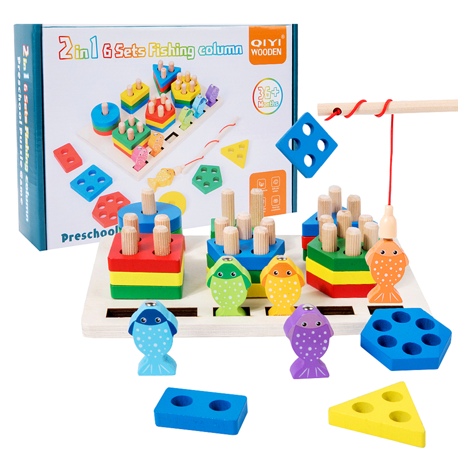 2 in 1 Children Educational Fishing Building Blocks Wooden Shape Matching Educational Building Blocks Blocks Bricks Toys