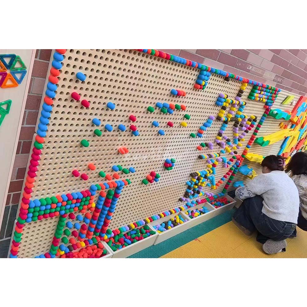 High Quality Kids STEM Educational Indoor Playground Sensory Toys Activity Birch Wood Wall Game with EVA Building Blocks Set