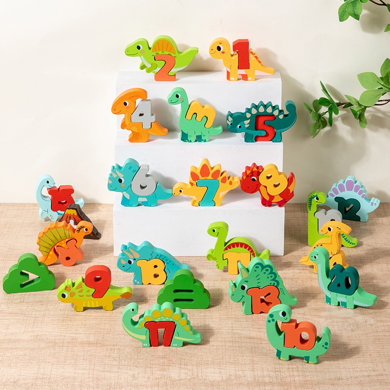 Educational Wooden 3D Number Math Learning Digital Dinosaur Cute Animal English Letter Alphabet Matching Pairing Block Puzzle