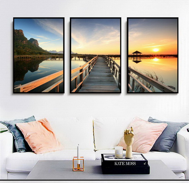 Custom 3 Piece Canvas Wall Art Seascape Canvas Painting Wall Art with Frame Large Paintings for Living Room