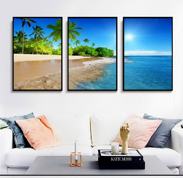 Custom 3 Piece Canvas Wall Art Seascape Canvas Painting Wall Art with Frame Large Paintings for Living Room