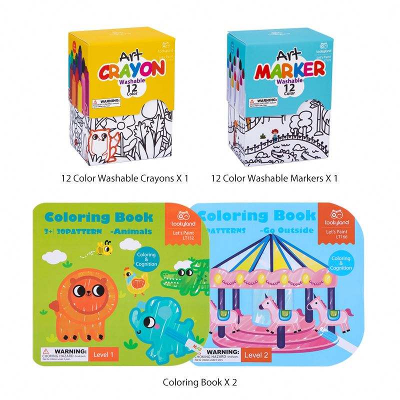 Little Artist Art Kit with 12 Colors Washable Crayon, Washable Marker and 2 Coloring Book Kids Art Drawingset