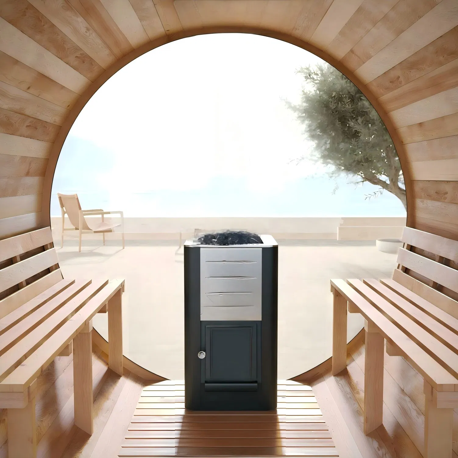 Panoramic Hemlock Wooden Barrel Outdoor Steam Sauna Room for Nature-Inspired Relaxation