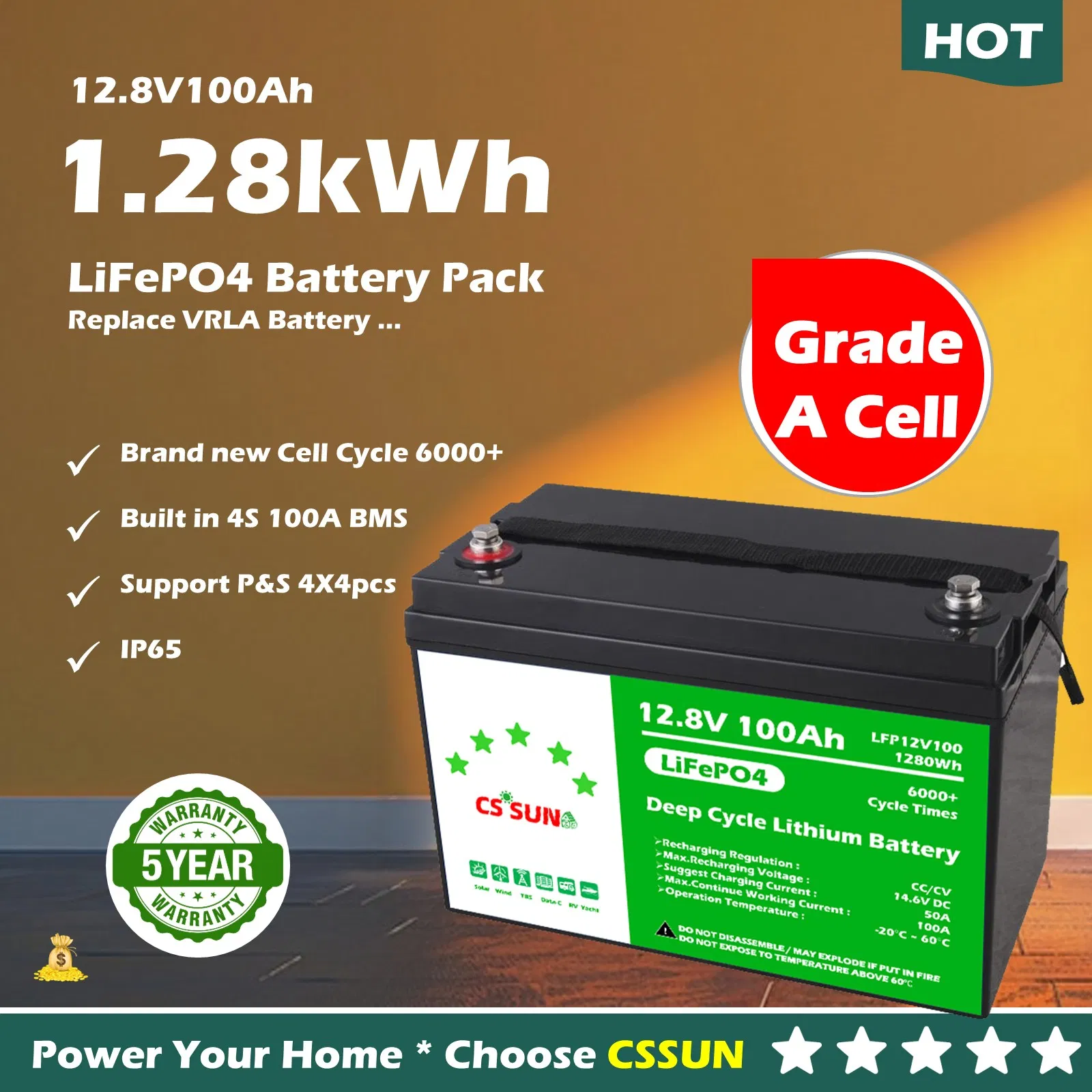 CSSUN 5Years Warranty 6000Cycle Long Life 12V/24V/48V 50ah/100ah/200ah/400Ah LiFePO4 Lithium Solar Battery