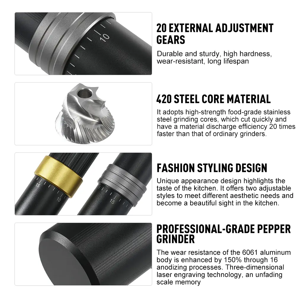 Custom Aluminum Alloy Salt and Pepper Grinder with S/S Grinding Burr 
