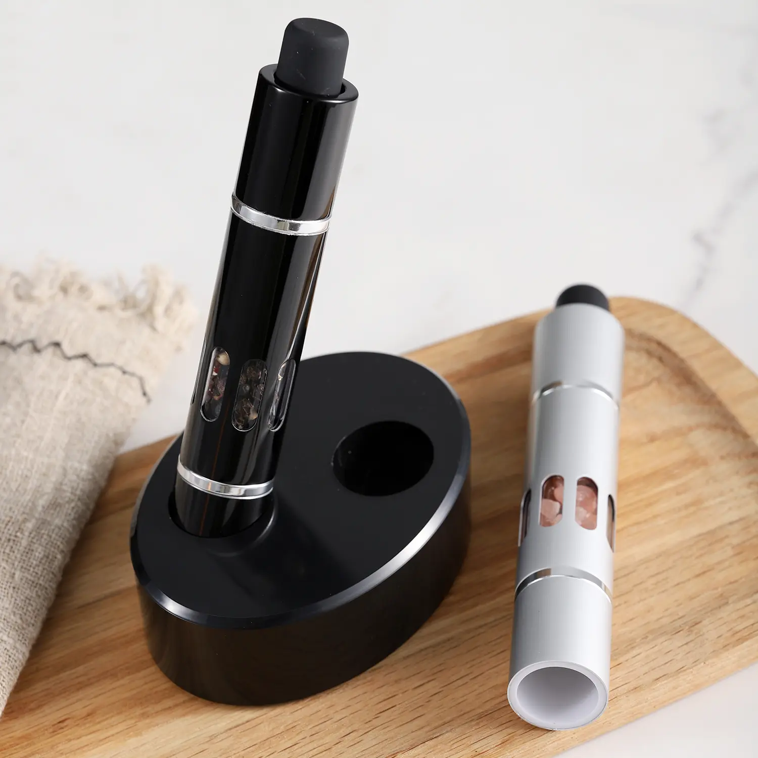 Salt and Pepper Grinder Set with Matching Storage Base