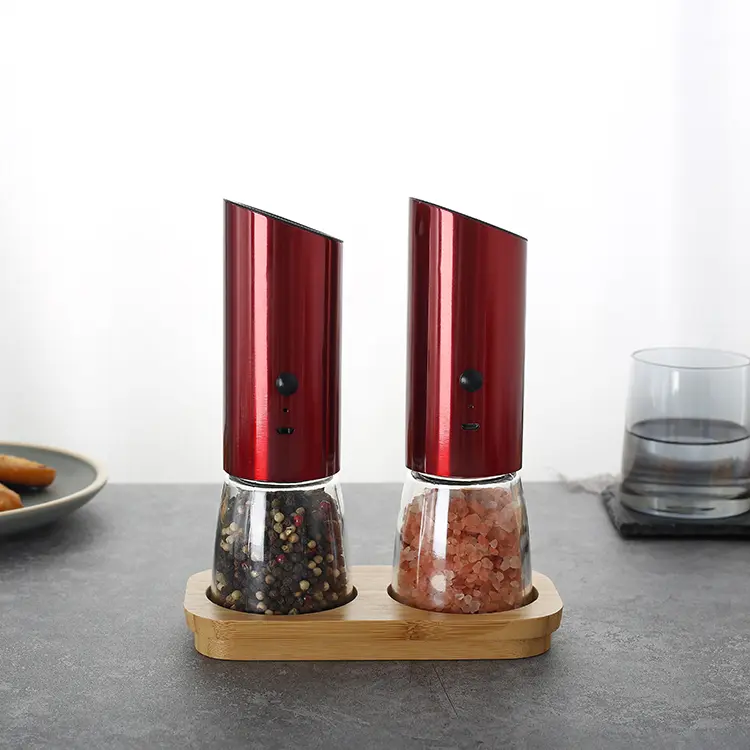 Custom Electric Salt and Pepper Grinder Set with Bamboo Base 6