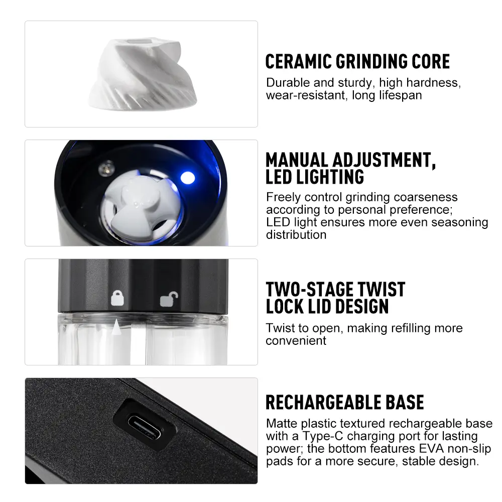 Electric Salt and Pepper Grinder Set with Wireless Charging Base