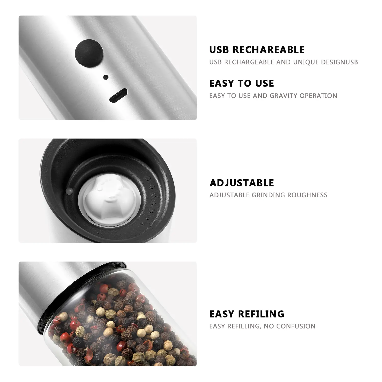 Wholesale Rechargeable USB Gravity Salt and Pepper Grinder