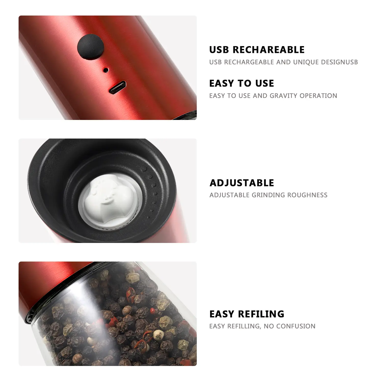 ODM Rechargeable Electric Salt and Pepper Grinder Set with Adjustable Ceramic Core