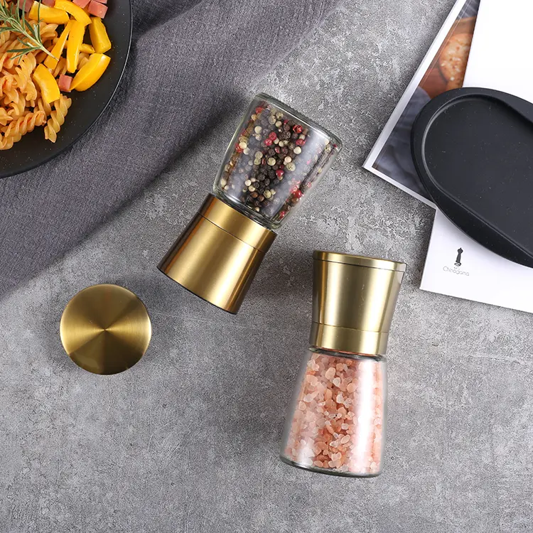 Gold Metal Salt and Pepper Grinder Set with Base 1