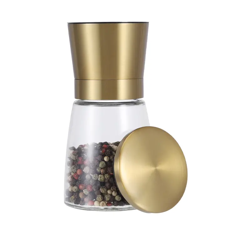 Gold Metal Salt and Pepper Grinder Set with Base 4