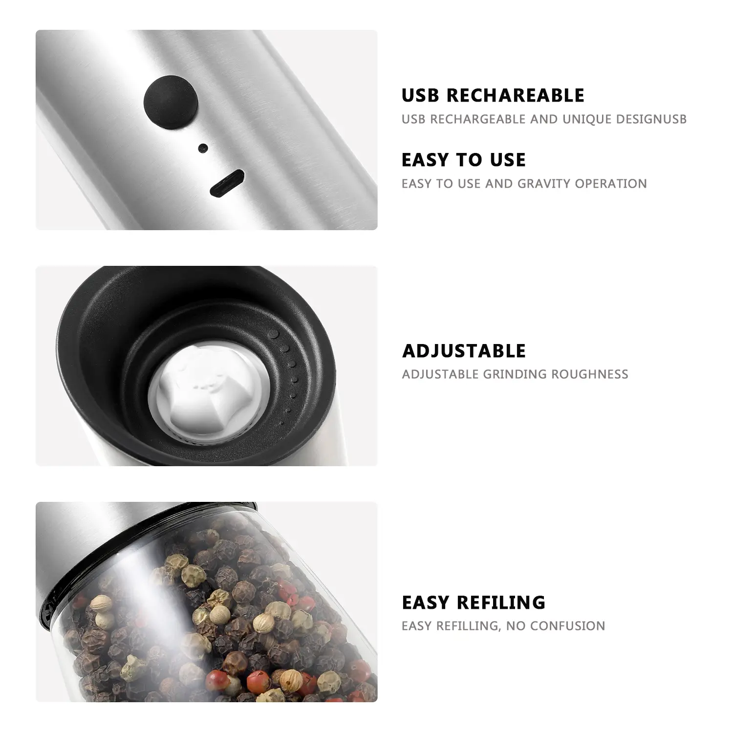 Wholesale Rechargeable Pepper Grinder with Gravity Operation