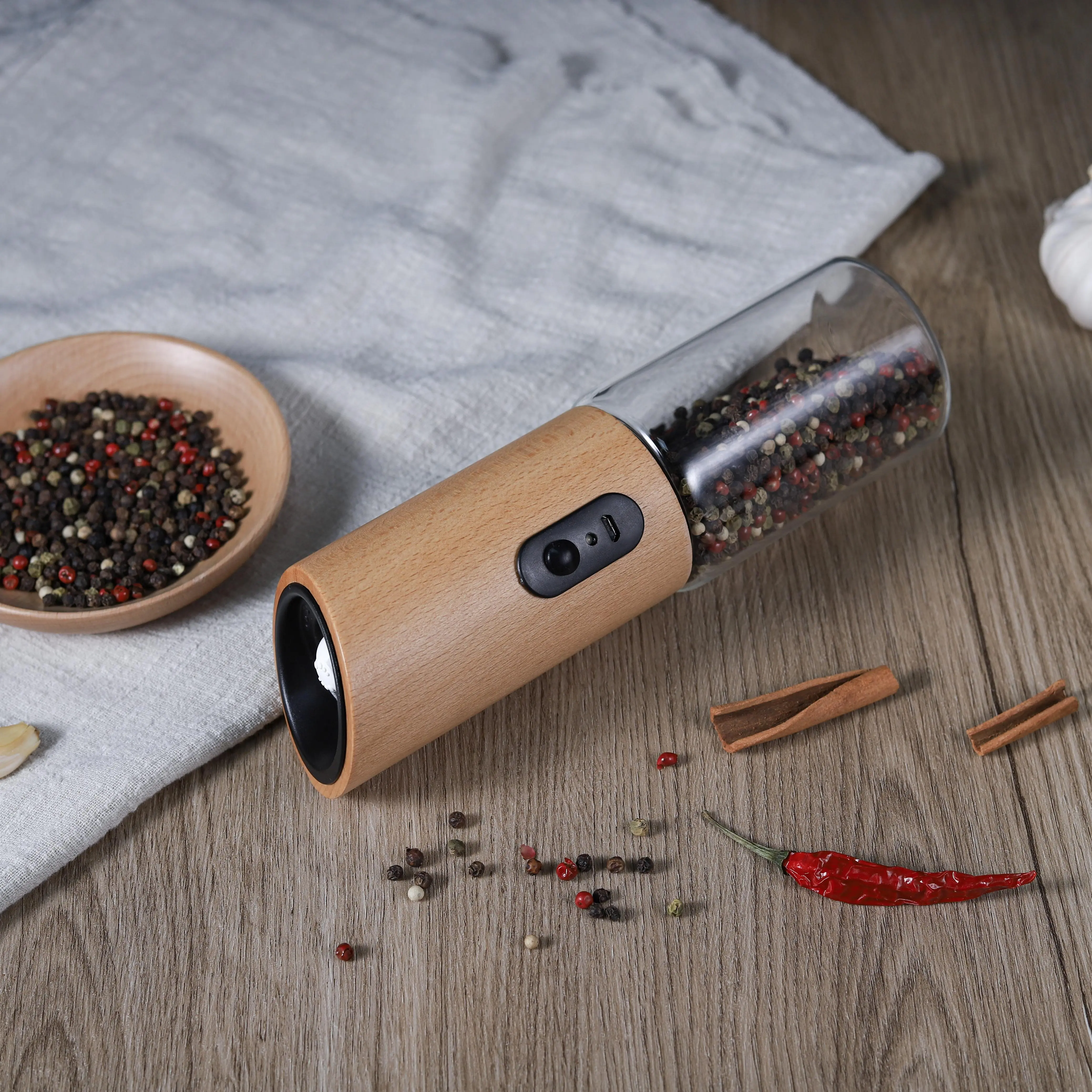 Custom Gravity Wooden Salt and Pepper Grinder with Rechargeable Battery 