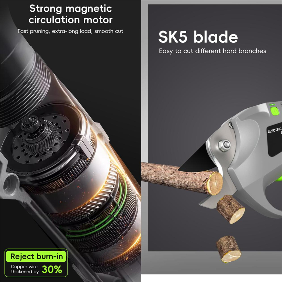 Electric pruning shear performance and SK5 blade details