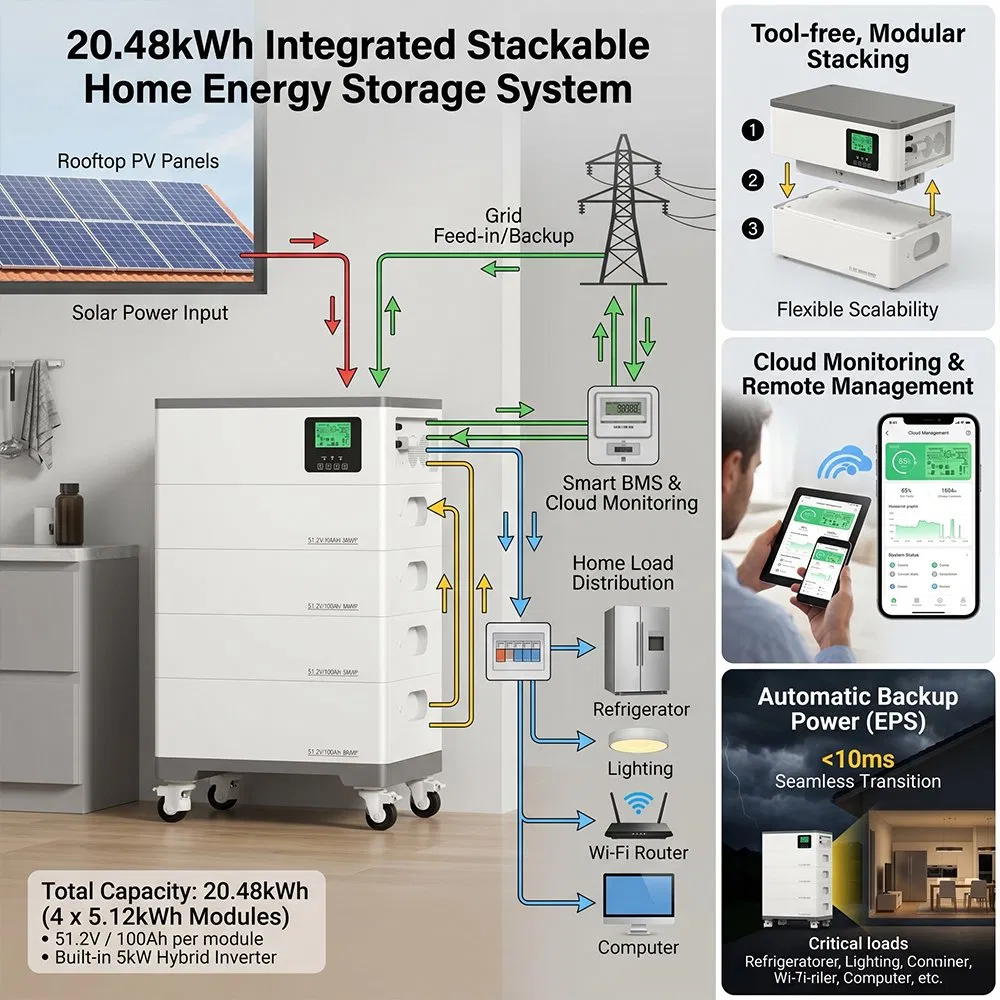 51.2V 20.48kwh 400ah LiFePO4 Sistema de Armazenamento de Energia Solar em Casa Powerwall Empilhável 10kwh 15kwh 20kwh para Inversor Híbrido