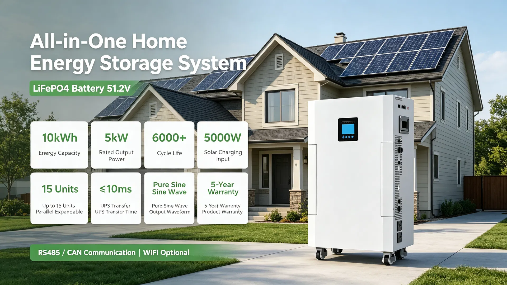 Sistema de Armazenamento de Bateria Pronto para Solar 5kw 196ah 51.2V LiFePO4 Backup de Energia para Residência
