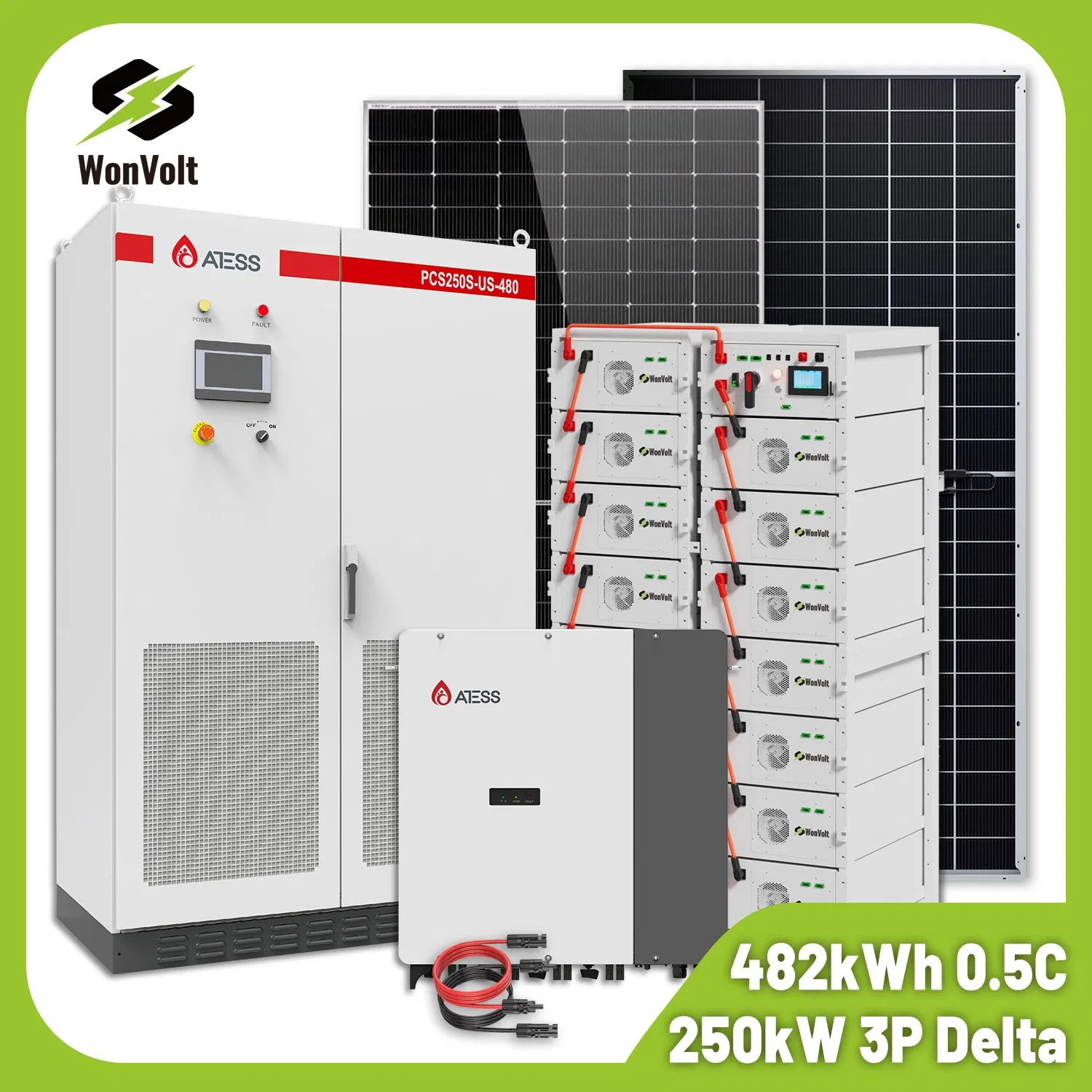 Sistema de Energia Solar Off Grid Wonvolt 60kw 100kw 120kw 150kw 200kw 250kw 300kw 400VAC Sistema de Armazenamento de Energia Híbrido com 200kwh 500kwh LiFePO4 Bateria
