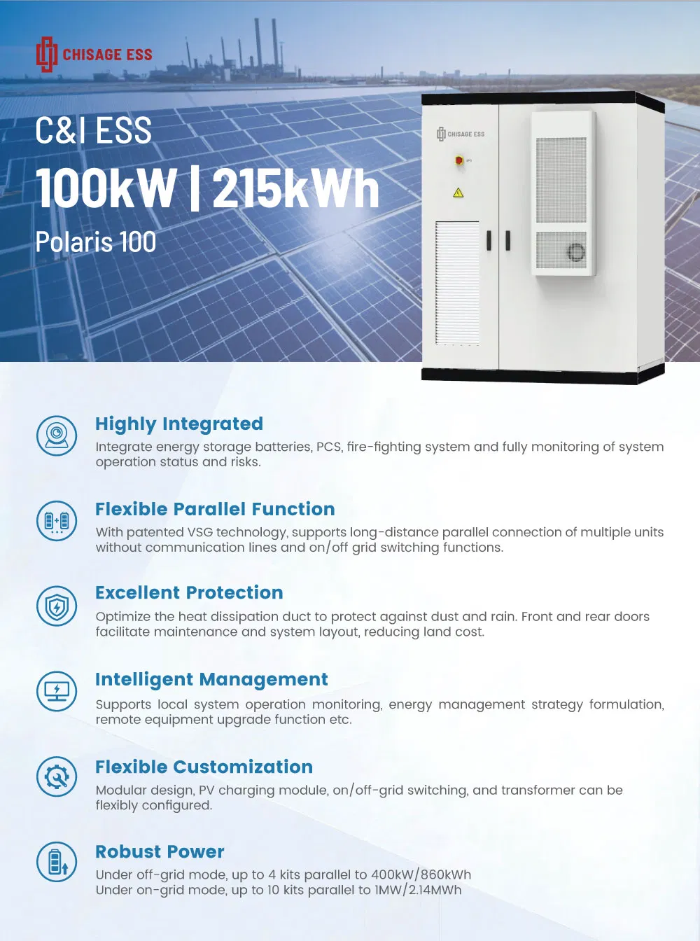100kw 215kwh Sistema de Armazenamento de Energia Solar Inteligente Tudo em Um para Indústria e Comércio Bess
