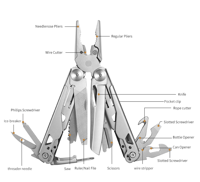 18 In 1 Silvery Outdoor Stainless Steel Folding Full Locking Combination Camping Multitool Pliers With Bits Driver