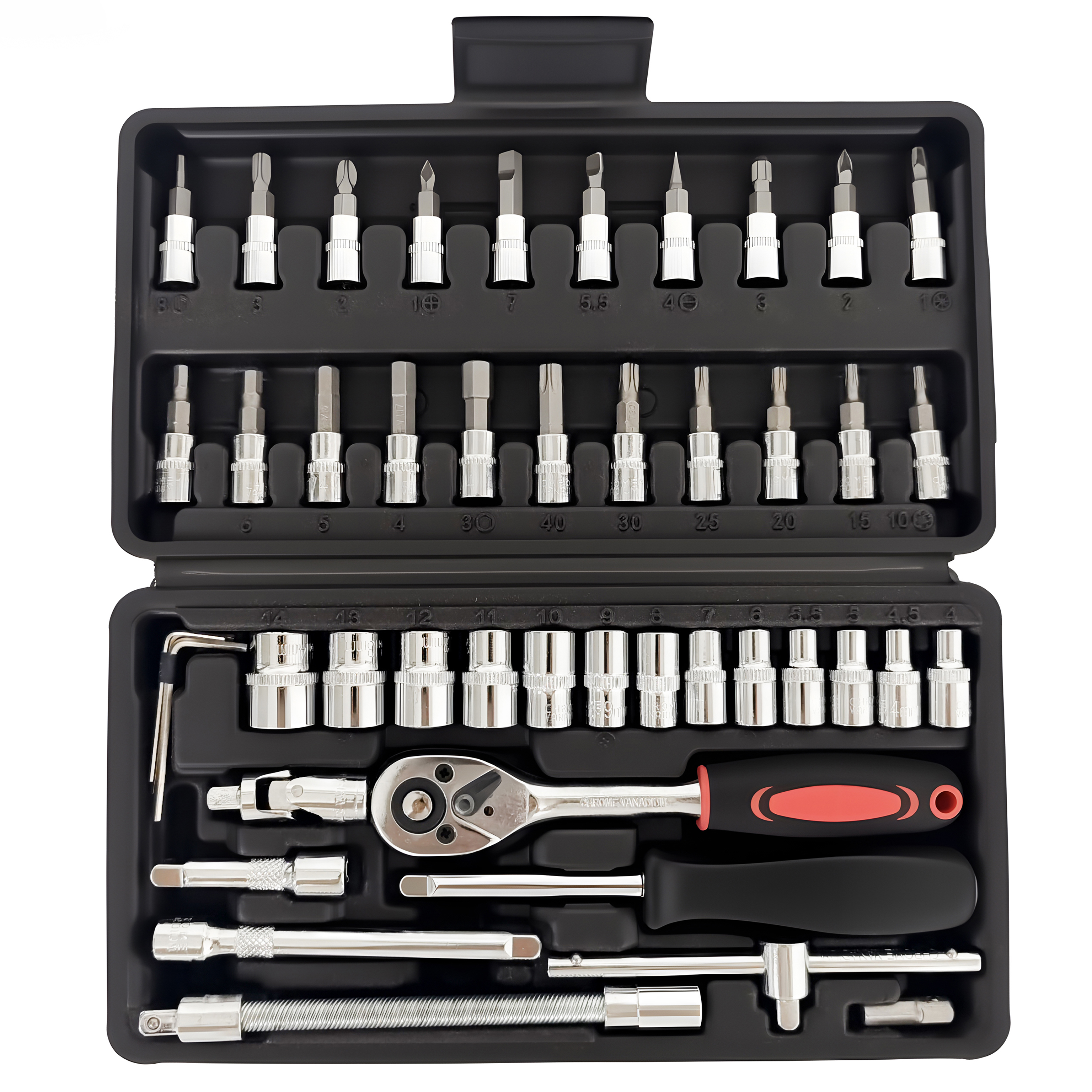 46PCS Master Mechanic Tool Kit With 3/8" Ratchet, SAE/Metric Sockets, Torx/Hex Bits, Extension Bars - Professional Grade -001