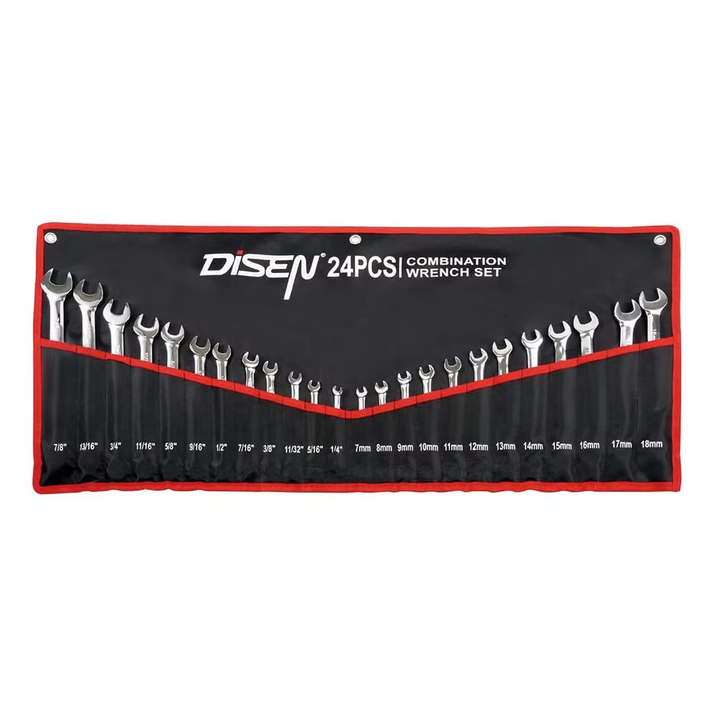 24pcs Combination Wrench Set 7-18mm 1/4-7/8\" CRV Open End DIY Industrial Repair Chrome Finish Tool Roll Customizable OEM