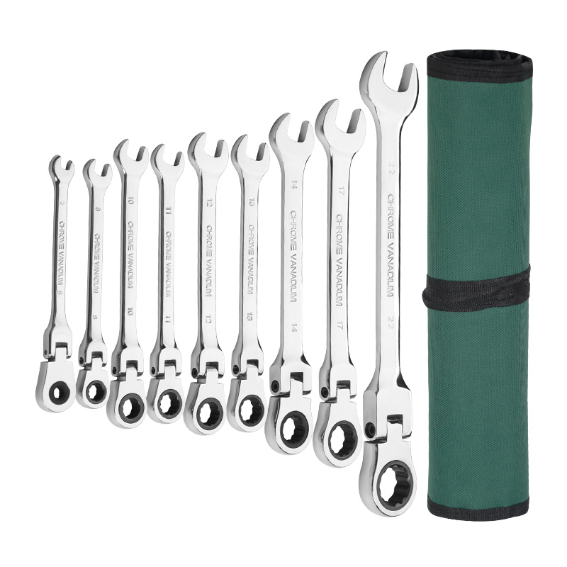 Wholesale 9pcs Ratchet Combo Wrench Set Flex Head Open/Ring CRV Spanner Set With Storage Pouch