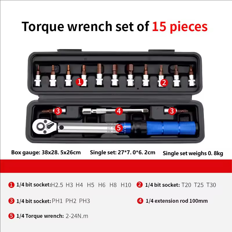 1/4 Inch Drive 2-24Nm Adjustable Ratchet Wrench Chrome-Vanadium Steel Hand Hard Case Precision Bike Torque Wrench Set