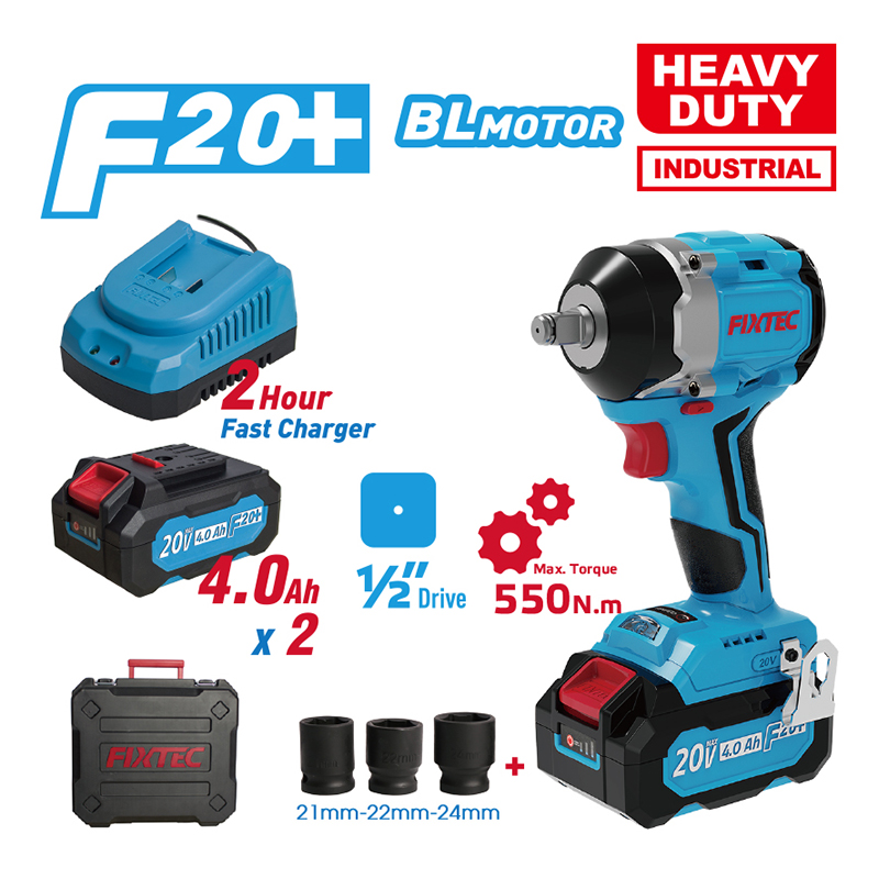 FIXTEC Cordless Tools Combo Kit 20V Wrench Drill Brushless Impact Driver Kit