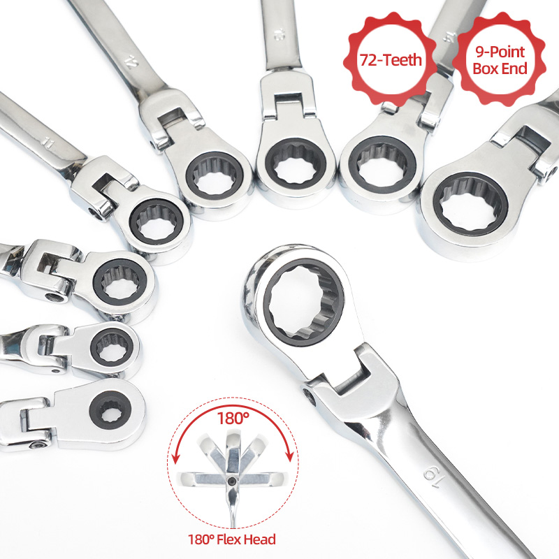 Wholesale 9pcs Ratchet Combo Wrench Set Flex Head Open/Ring CRV Spanner Set With Storage Pouch
