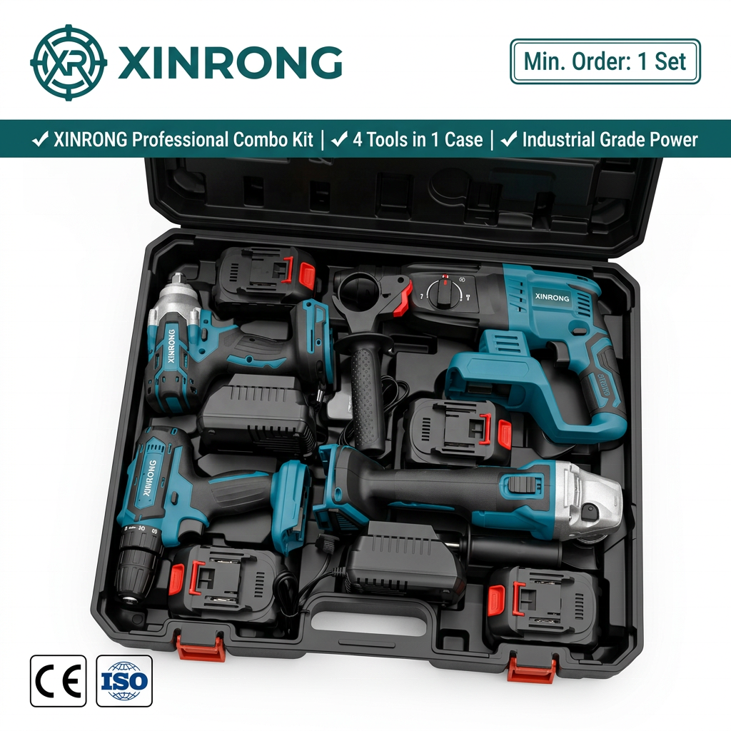 21V Cordless 4-in-1 Combo Kit Brushless Rotary Hammer Angle Grinder Impact Wrench Electric Drill 4x 1.3Ah Lithium Hard Case
