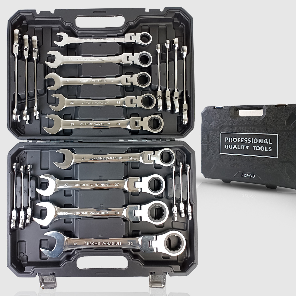 22Pcs High-Torque Universal Dual-Purpose Moving Head Ratchet Wrench Combination Professional Auto Repair Set Chrome-Vanadium