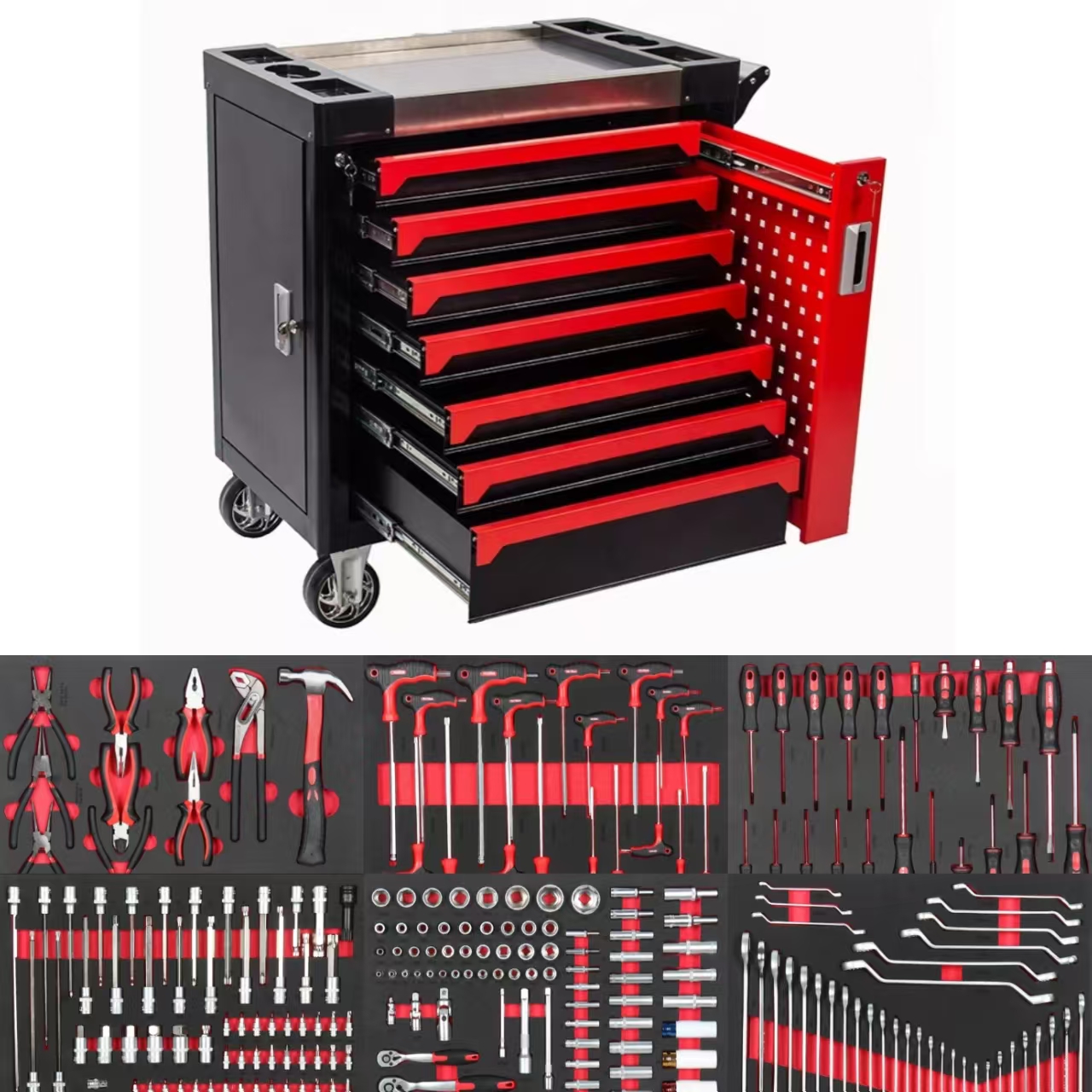 Seven-Drawer Lockable Red Steel 279pcs Tool Set Heavy Duty Iron Toolbox For Auto Repair Workshop OEM/ OBM