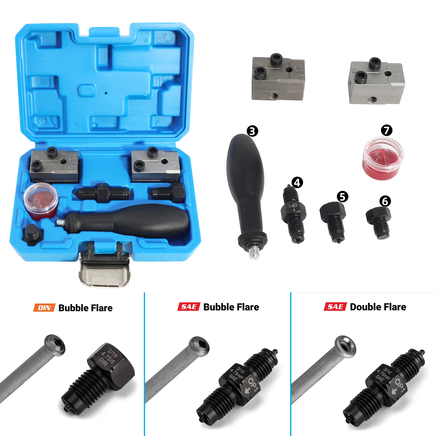 Double Head Replaceable Brake Pipe Flaring Tool Kit for Brake Lines 4.75 mm DIN and 3/16 SAE Automotive Vehicle Tool