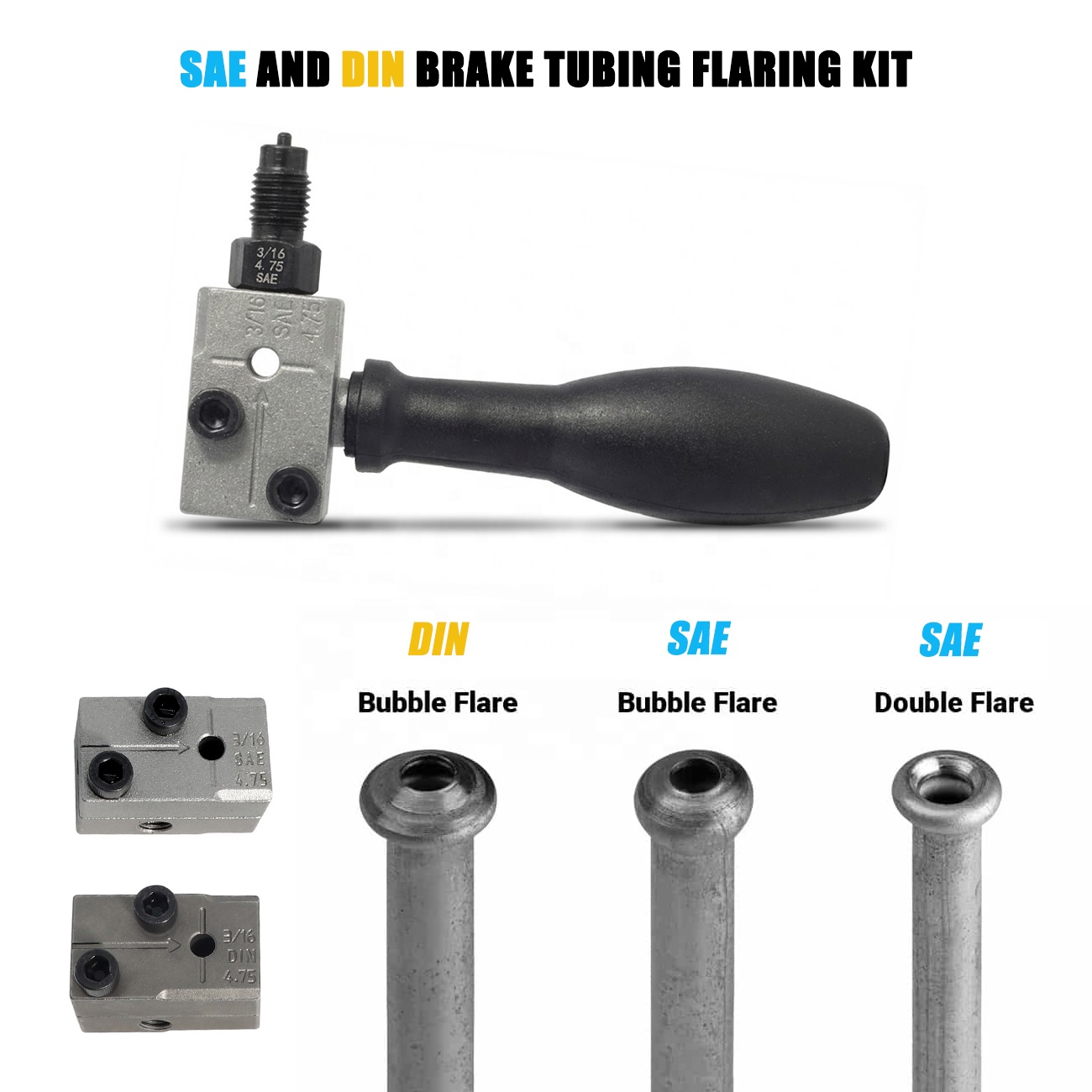 Double Head Replaceable Brake Pipe Flaring Tool Kit for Brake Lines 4.75 mm DIN and 3/16 SAE Automotive Vehicle Tool