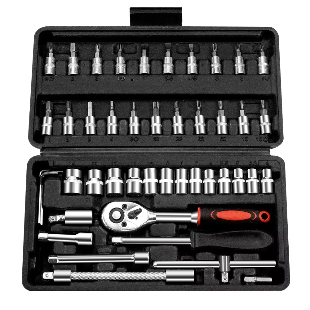 46pcs Carbon Steel Manual/Auto Repair Combination Tool Set 1/4" Hand Impact Spanner Small Socket Wrench Screwdriver Hard OEM
