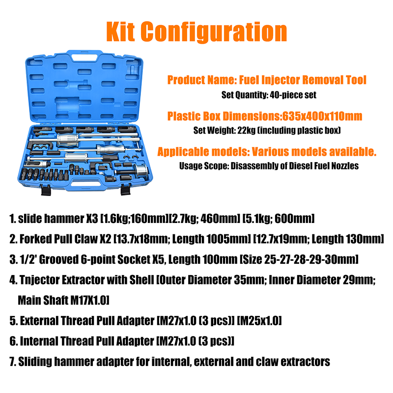 40-Piece Slide Hammer Extractor Set Diesel Injector Puller Tool Kit for Diesel Engine and Auto Truck Repair
