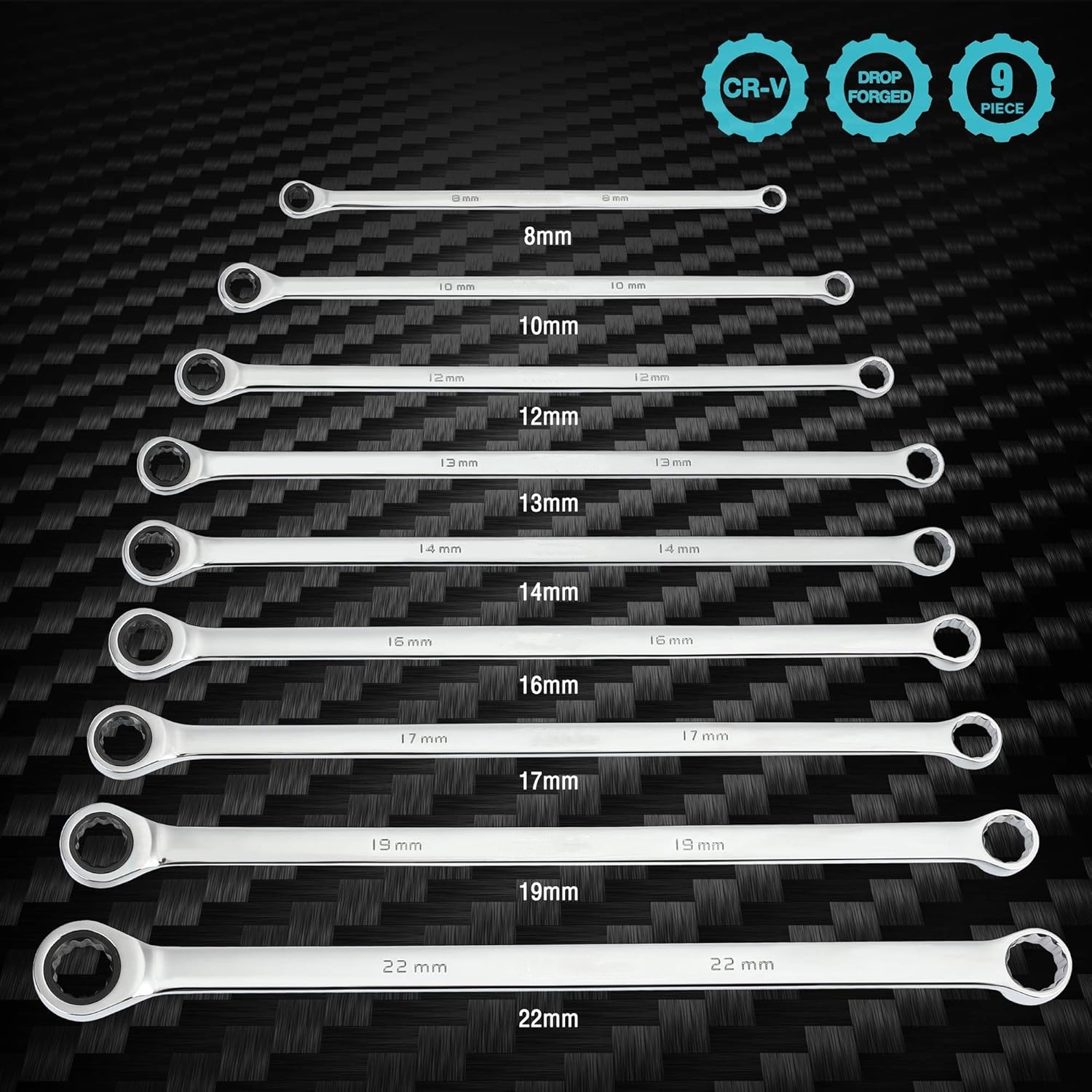 Extra Long Ratcheting Wrench Set 9-Piece Double Box End Metric Wrenches With EVA Foam Tool Organizer