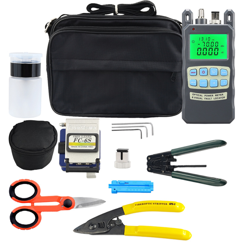 FCJ 12pcs FTTH Fiber Splicing Tool Kit Set Bag Basic Termination Fibre Optic Equipment Cable Splice Tools Box