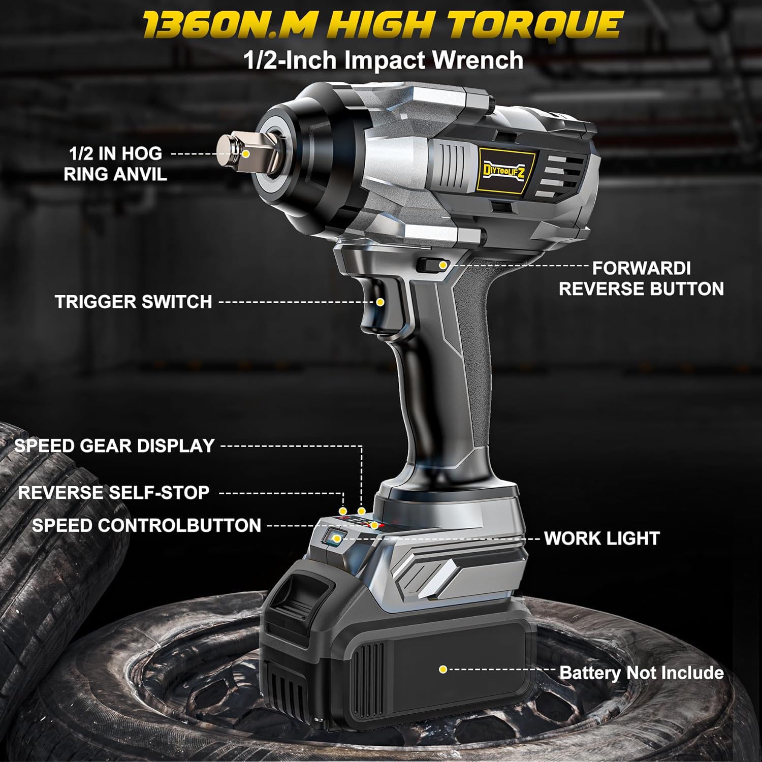 1360N Cordless Impact Wrench 1/2 Inch Compatible with De-Walt 20v Battery